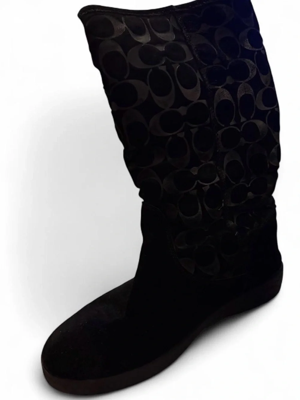 COACH Black Suede Signature Monogram Mid Calf Boots Women's Size 8B Buckle